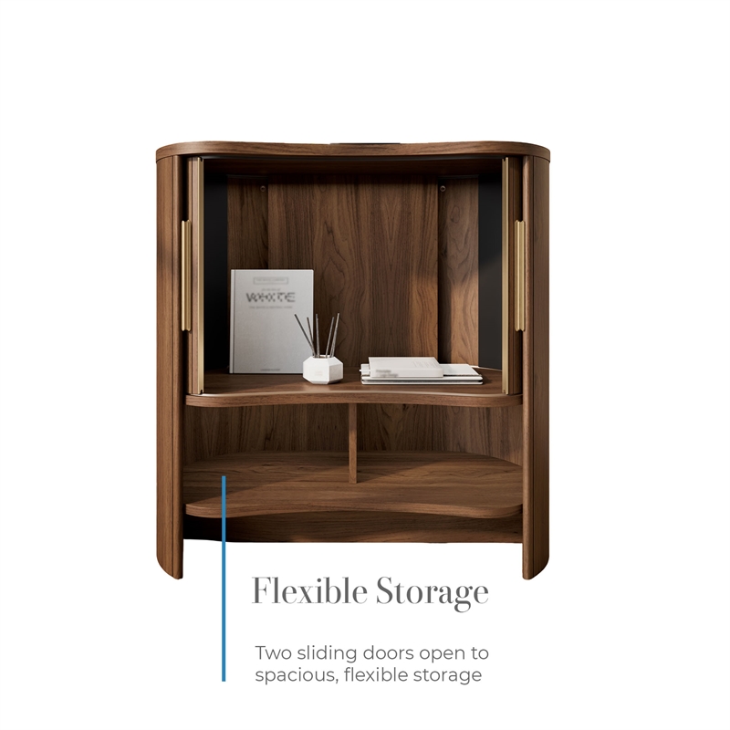 OVE Sarah 32 in. Modern Accent Cabinet in Warm Walnut with Brushed Gold Hardware