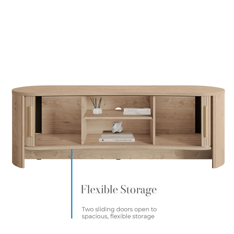OVE Sarah 59 in. Modern Media Console in Light Oak with Brushed Gold Hardware