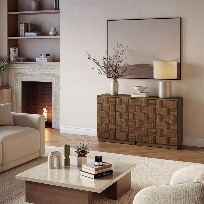 OVE Jenna 35 in. Set of 3 Accent Cabinets in Warm Walnut with Matte Black Hardware