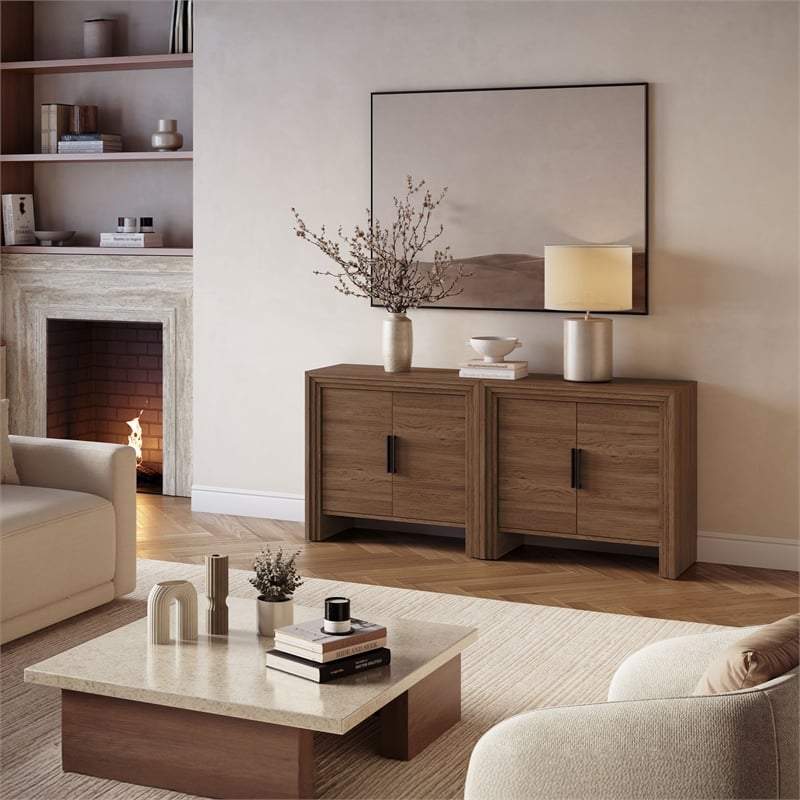 OVE Jenna 35 in. Set of 2 Accent Cabinets in Warm Walnut with Matte Black Hardware