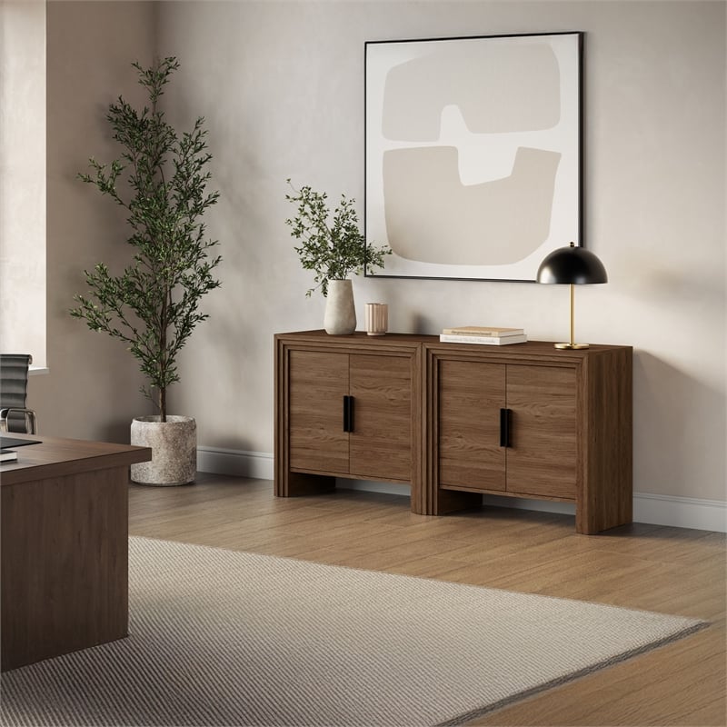 OVE Jenna 35 in. Set of 2 Accent Cabinets in Warm Walnut with Matte Black Hardware