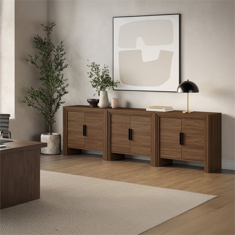 OVE Jenna 35 in. Set of 2 Accent Cabinets in Warm Walnut with Matte Black Hardware
