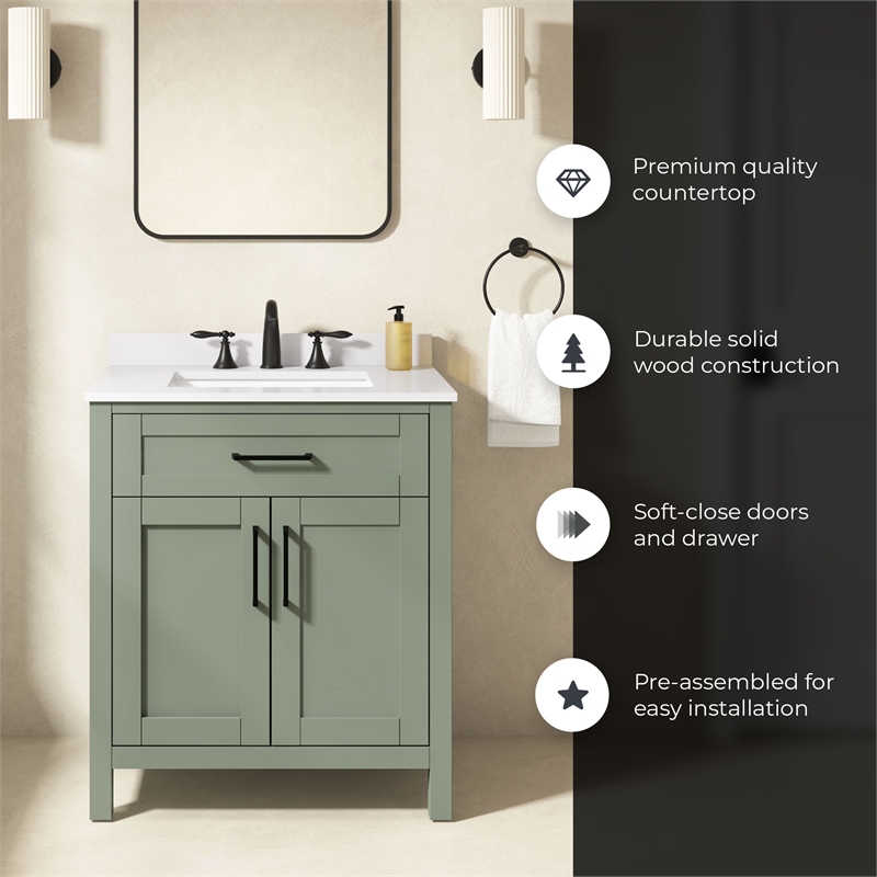 Tahoe 30 in. Bathroom Vanity in Sage Green with White Countertop