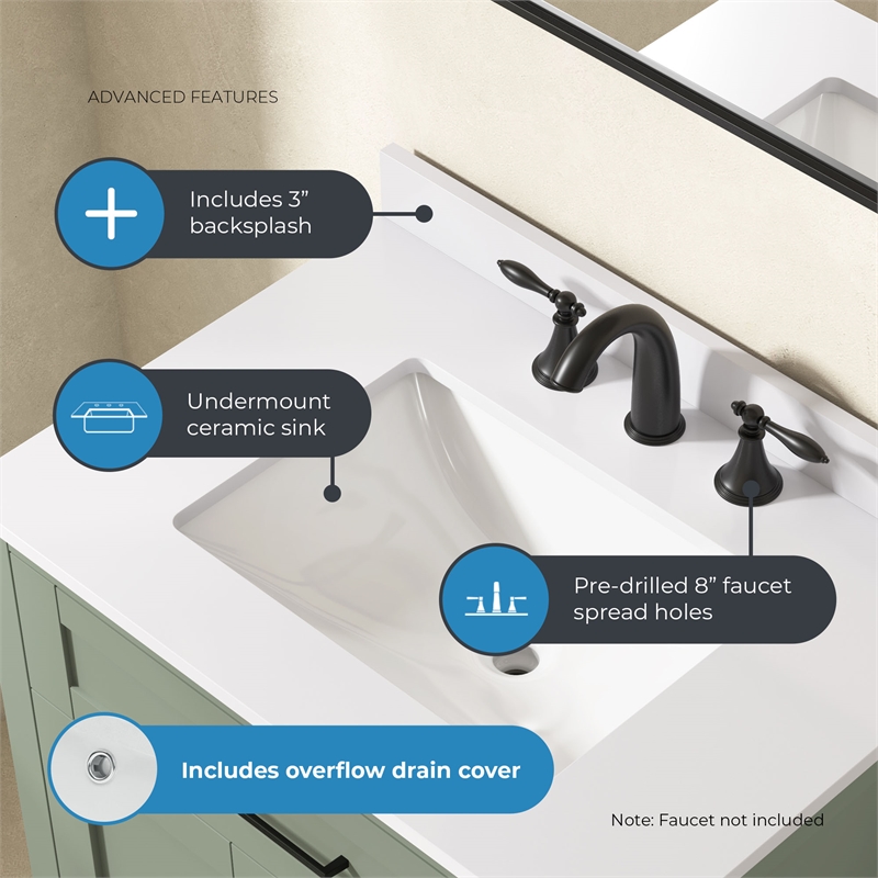 Tahoe 30 in. Bathroom Vanity in Sage Green with White Countertop