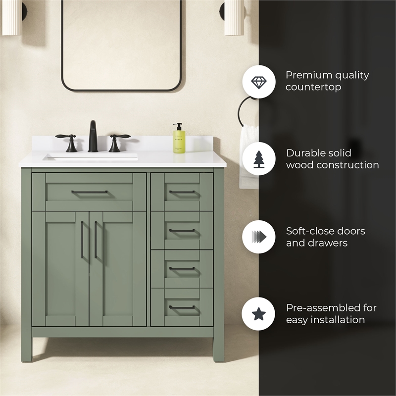 Tahoe 36 in. Bathroom Vanity in Sage Green with White Countertop