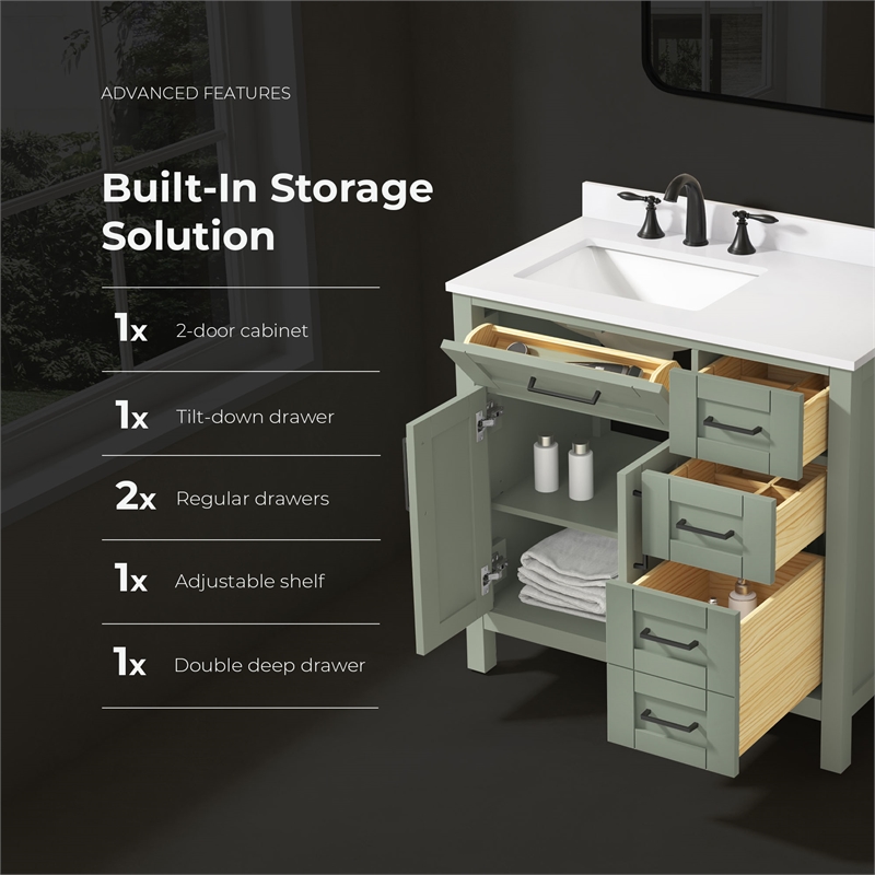 Tahoe 36 in. Bathroom Vanity in Sage Green with White Countertop