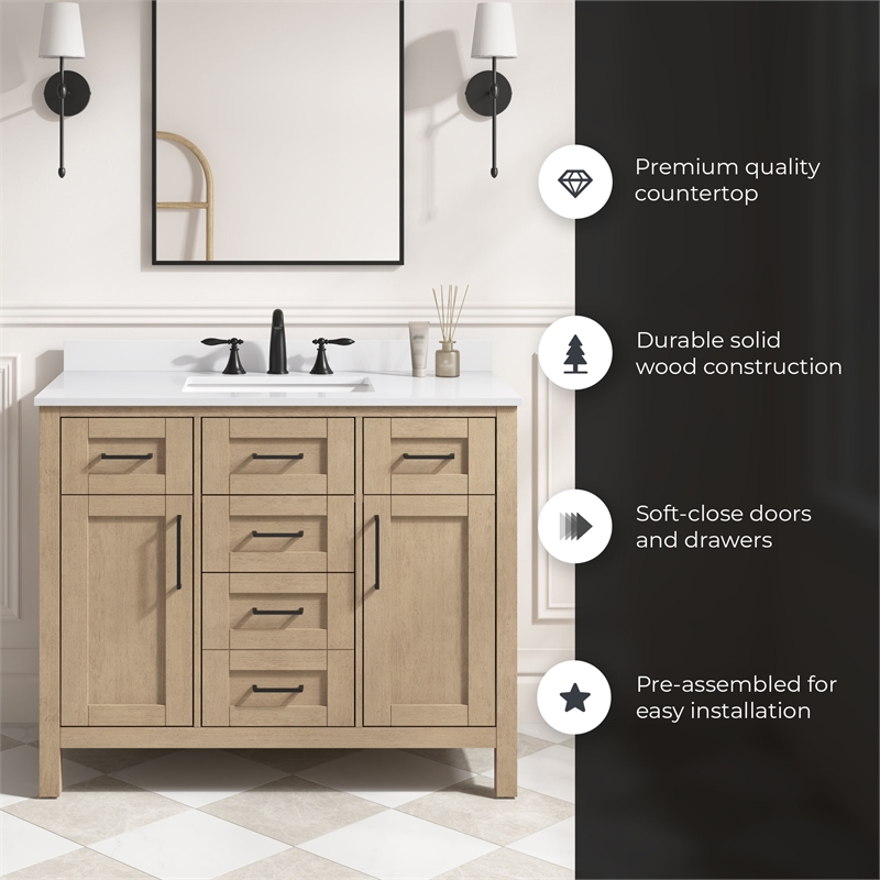 Tahoe 42 in. Bathroom Vanity in Sahara Birch with White Countertop
