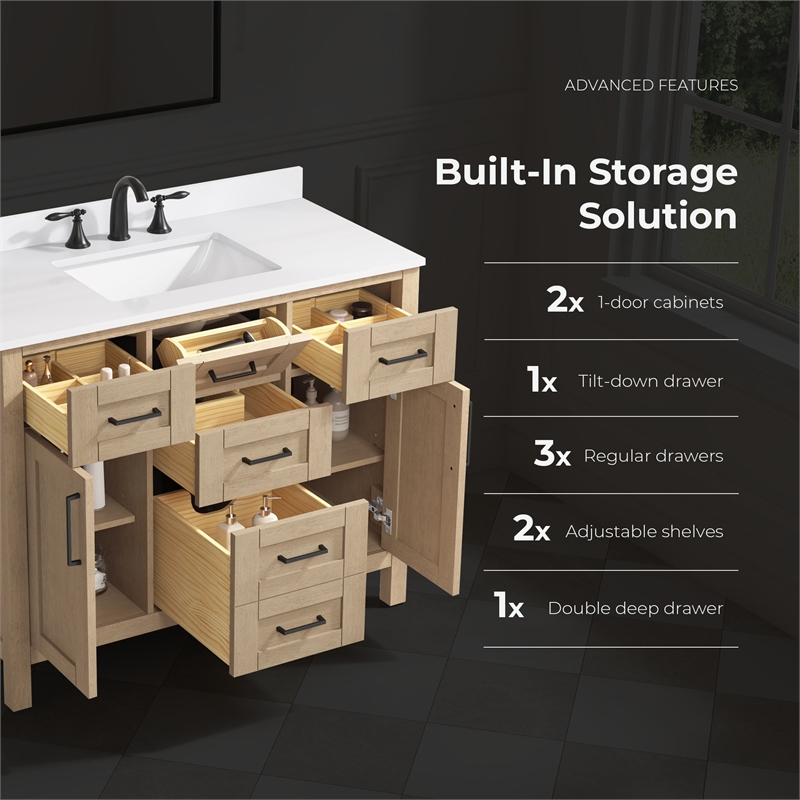 Tahoe 42 in. Bathroom Vanity in Sahara Birch with White Countertop