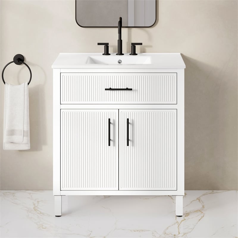 OVE Carissa 30 in. Matte White Bathroom Vanity with White Ceramic Countertop