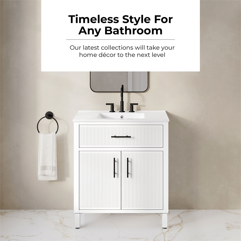 OVE Carissa 30 in. Matte White Bathroom Vanity with White Ceramic Countertop