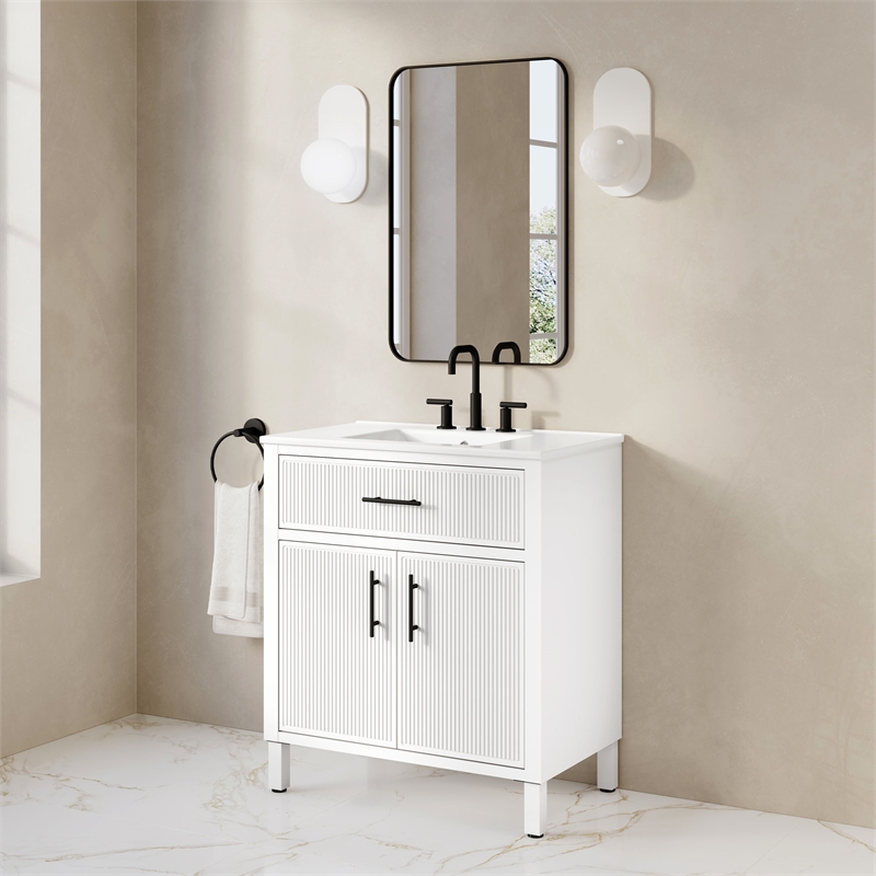 OVE Carissa 30 in. Matte White Bathroom Vanity with White Ceramic Countertop