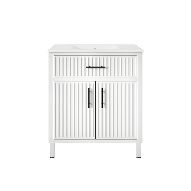 OVE Carissa 30 in. Matte White Bathroom Vanity with White Ceramic Countertop