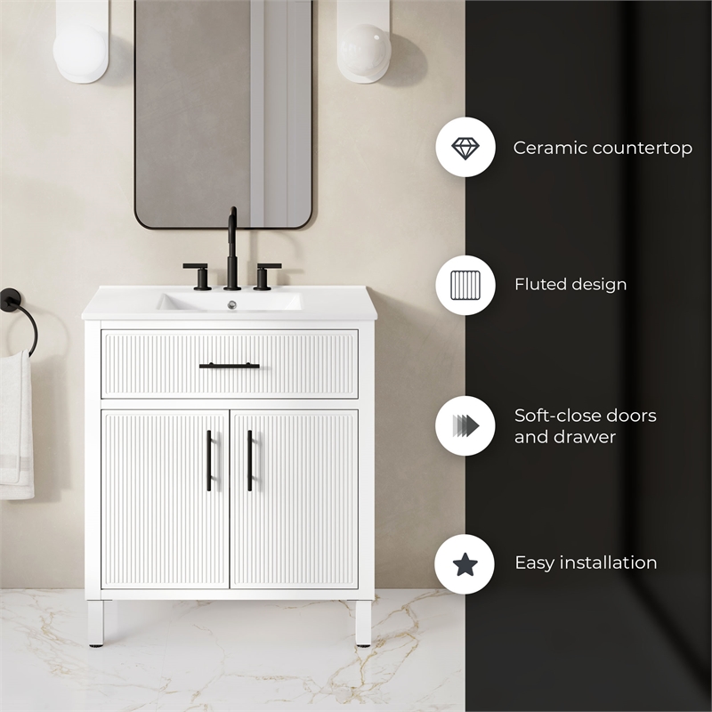 OVE Carissa 30 in. Matte White Bathroom Vanity with White Ceramic Countertop