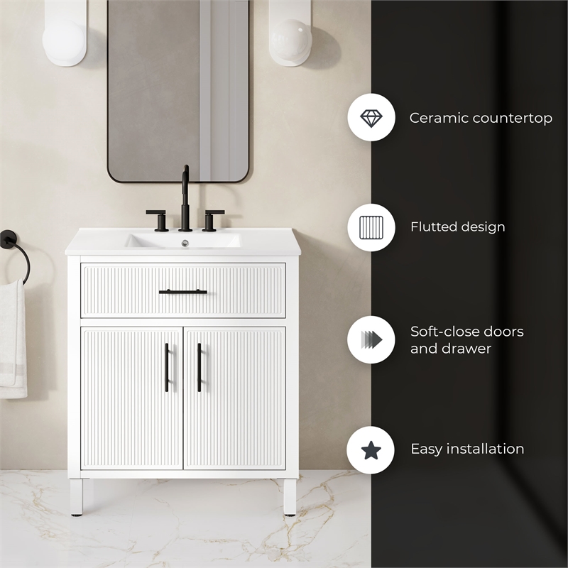 OVE Carissa 30 in. Matte White Bathroom Vanity with White Ceramic Countertop