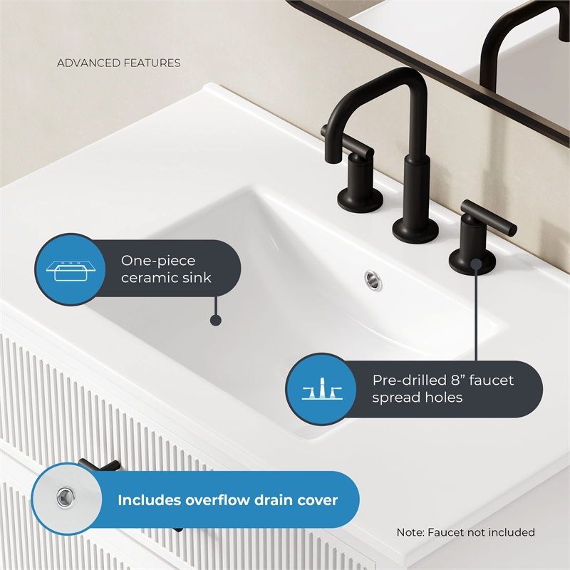 OVE Carissa 30 in. Matte White Bathroom Vanity with White Ceramic Countertop