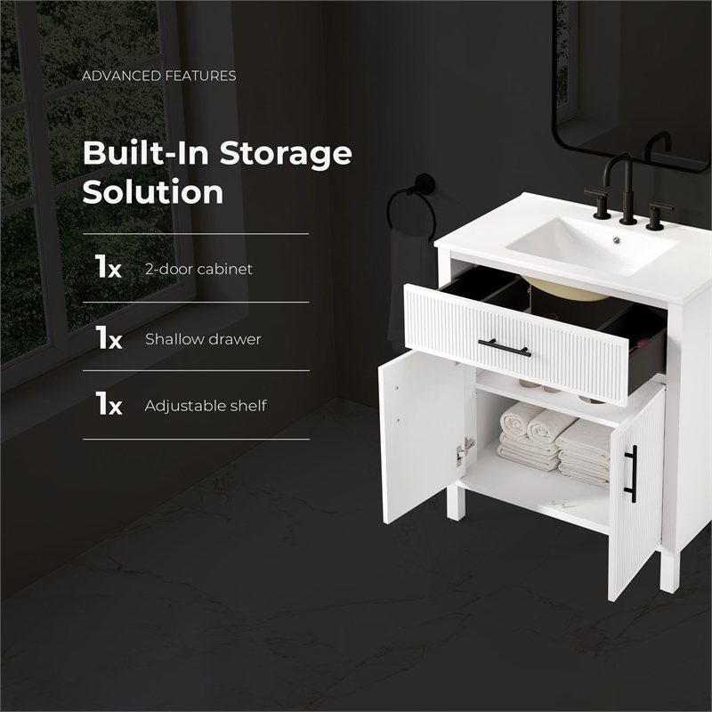 OVE Carissa 30 in. Matte White Bathroom Vanity with White Ceramic Countertop