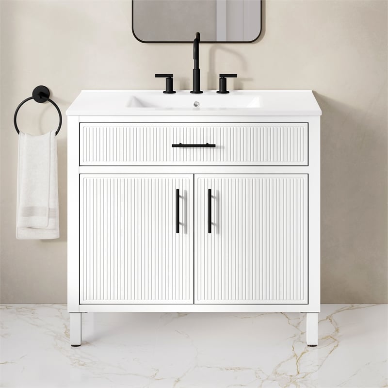 OVE Carissa 36 in. Matte White Bathroom Vanity with White Ceramic Countertop