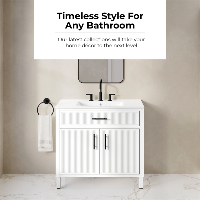 OVE Carissa 36 in. Matte White Bathroom Vanity with White Ceramic Countertop