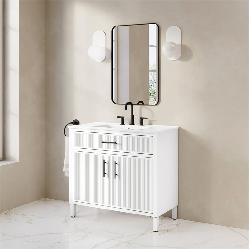 OVE Carissa 36 in. Matte White Bathroom Vanity with White Ceramic Countertop