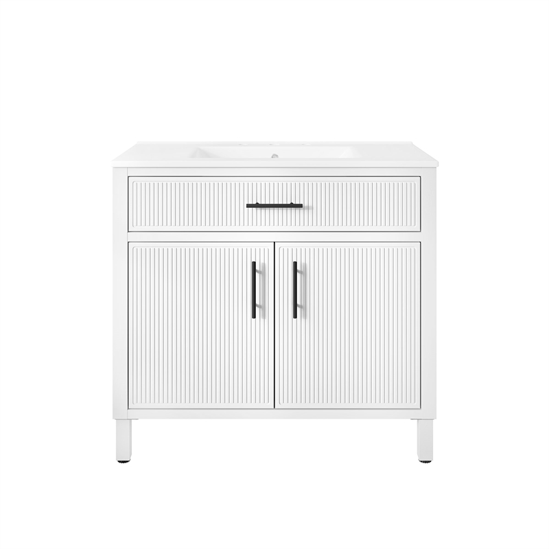 OVE Carissa 36 in. Matte White Bathroom Vanity with White Ceramic Countertop