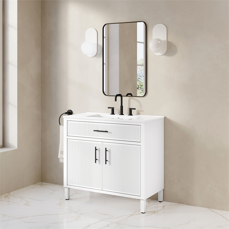 OVE Carissa 36 in. Matte White Bathroom Vanity with White Ceramic Countertop
