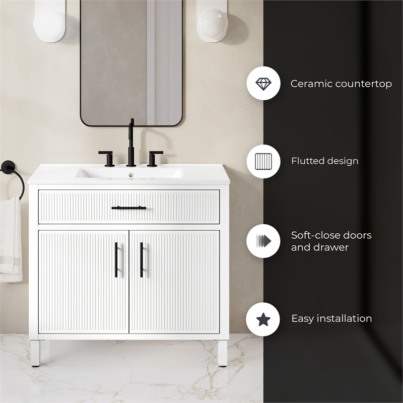 OVE Carissa 36 in. Matte White Bathroom Vanity with White Ceramic Countertop