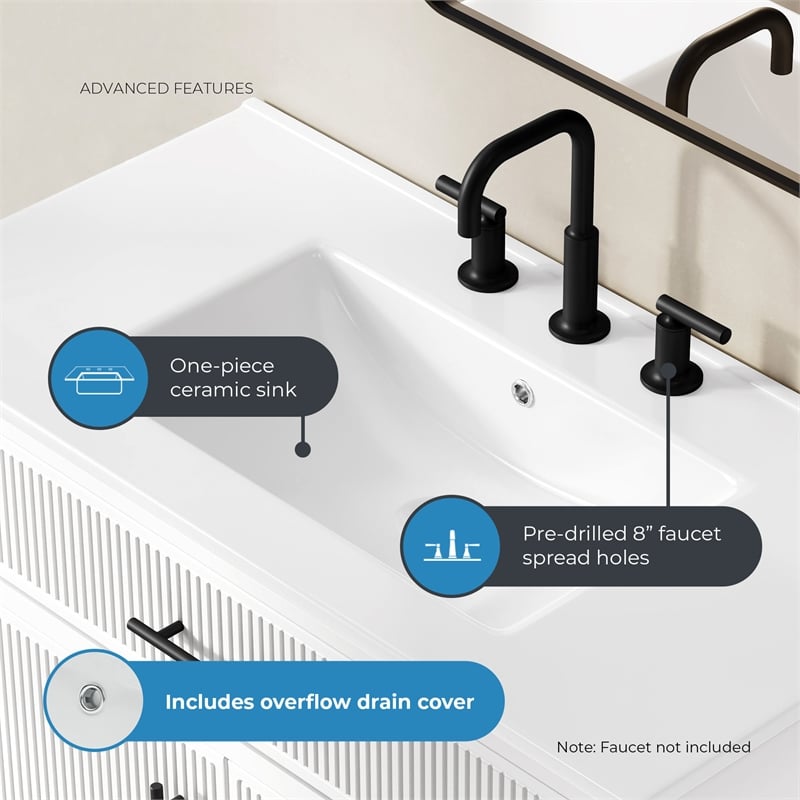 OVE Carissa 36 in. Matte White Bathroom Vanity with White Ceramic Countertop