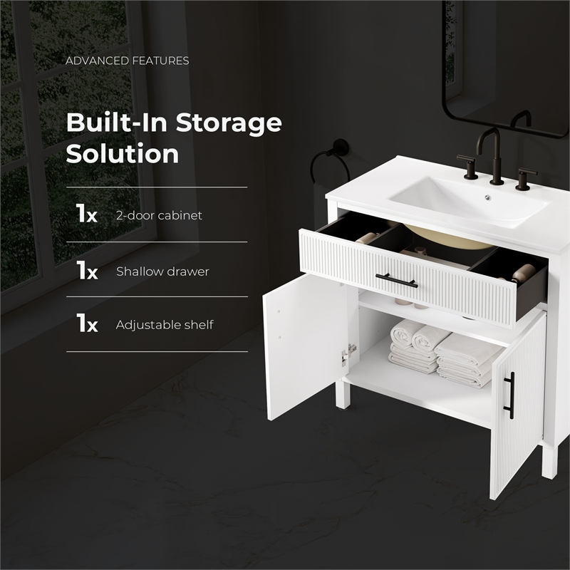 OVE Carissa 36 in. Matte White Bathroom Vanity with White Ceramic Countertop
