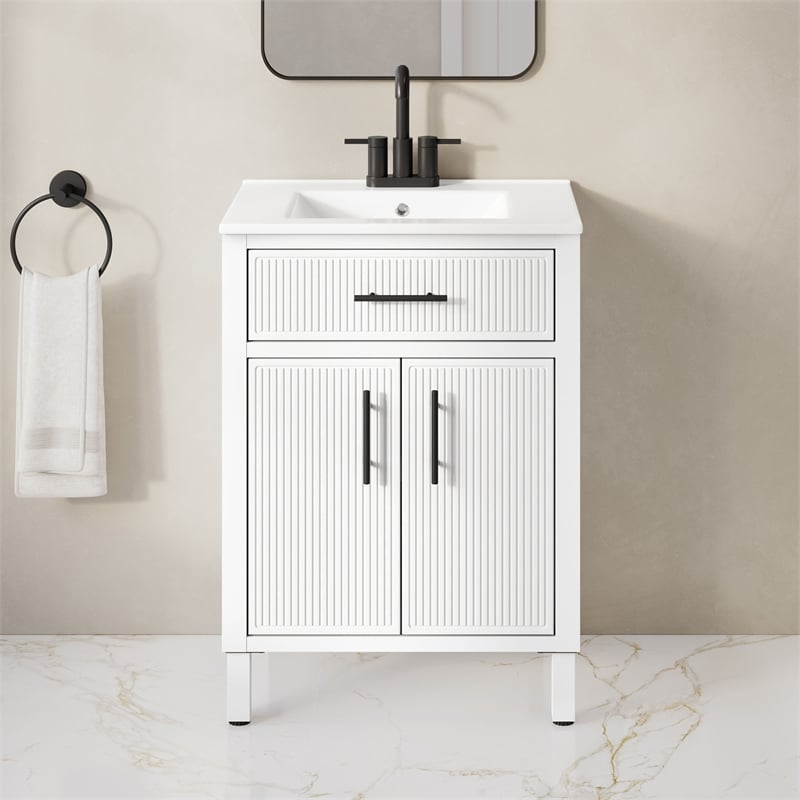 OVE Carissa 24 in. Matte White Bathroom Vanity with White Ceramic Countertop