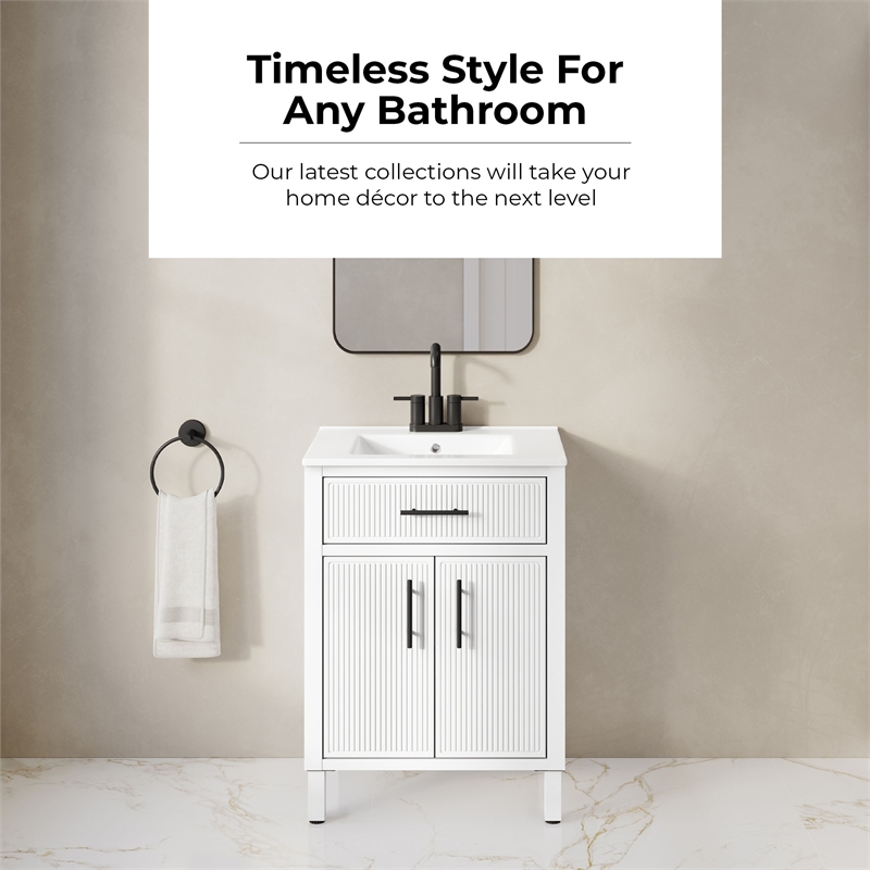 OVE Carissa 24 in. Matte White Bathroom Vanity with White Ceramic Countertop