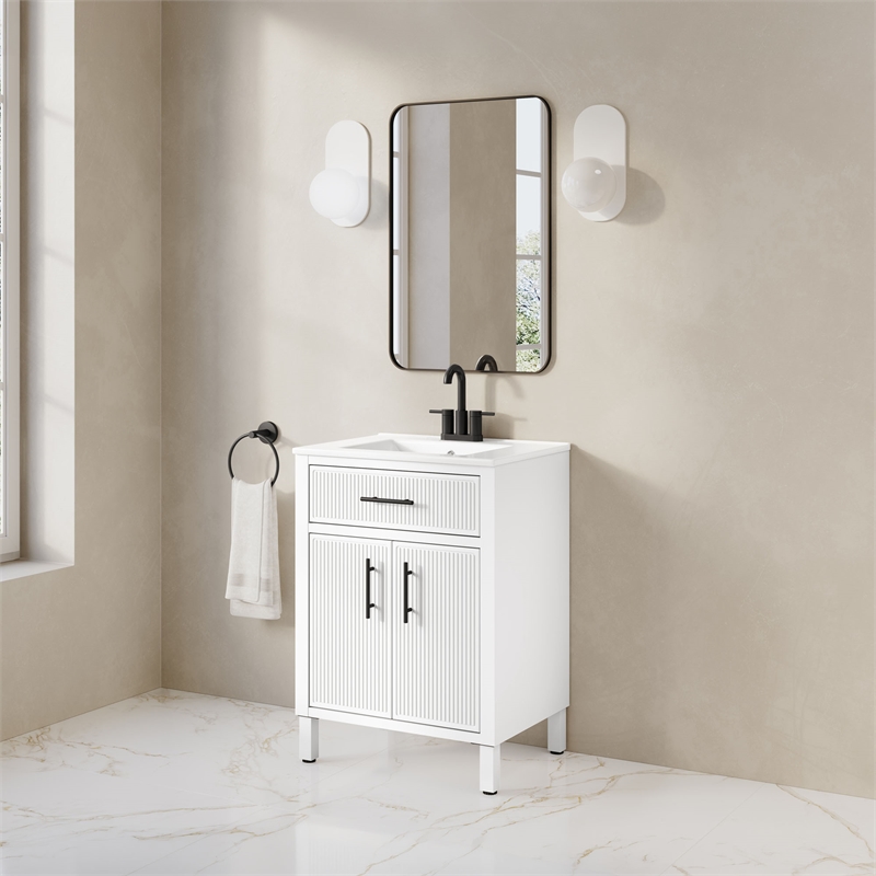 OVE Carissa 24 in. Matte White Bathroom Vanity with White Ceramic Countertop