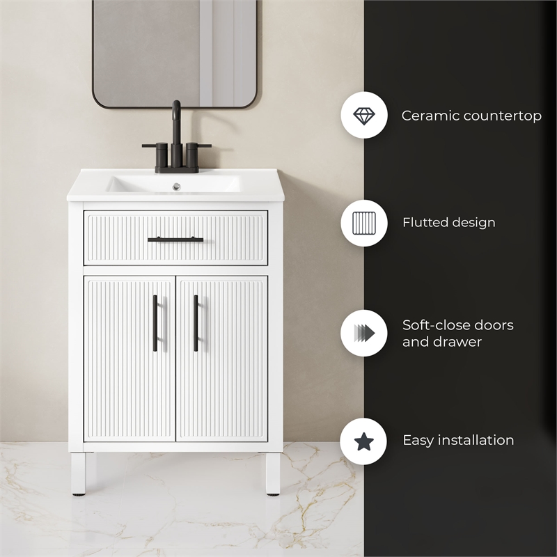 OVE Carissa 24 in. Matte White Bathroom Vanity with White Ceramic Countertop