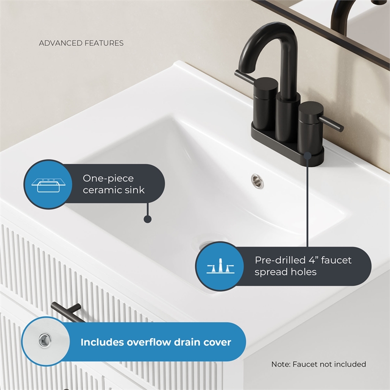 OVE Carissa 24 in. Matte White Bathroom Vanity with White Ceramic Countertop