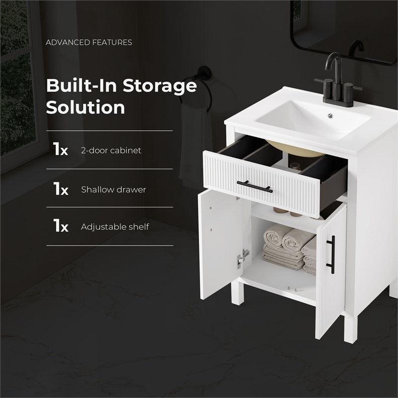 OVE Carissa 24 in. Matte White Bathroom Vanity with White Ceramic Countertop