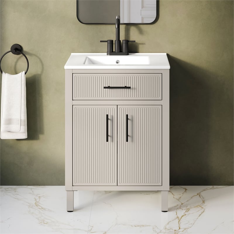 OVE Carissa 24 in. Creamy White Bathroom Vanity with White Ceramic Countertop