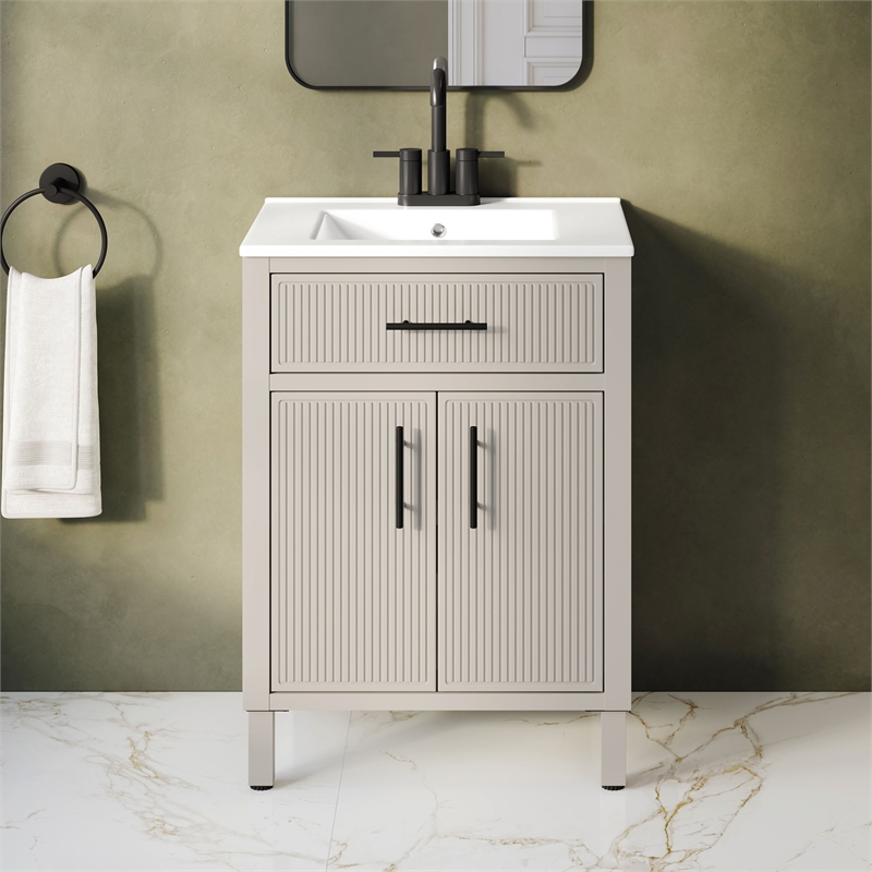 OVE Carissa 24 in. Creamy White Bathroom Vanity with White Ceramic Countertop