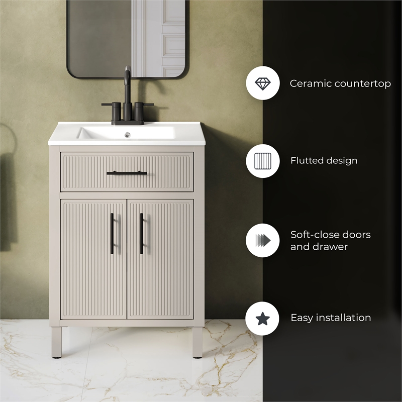 OVE Carissa 24 in. Creamy White Bathroom Vanity with White Ceramic Countertop