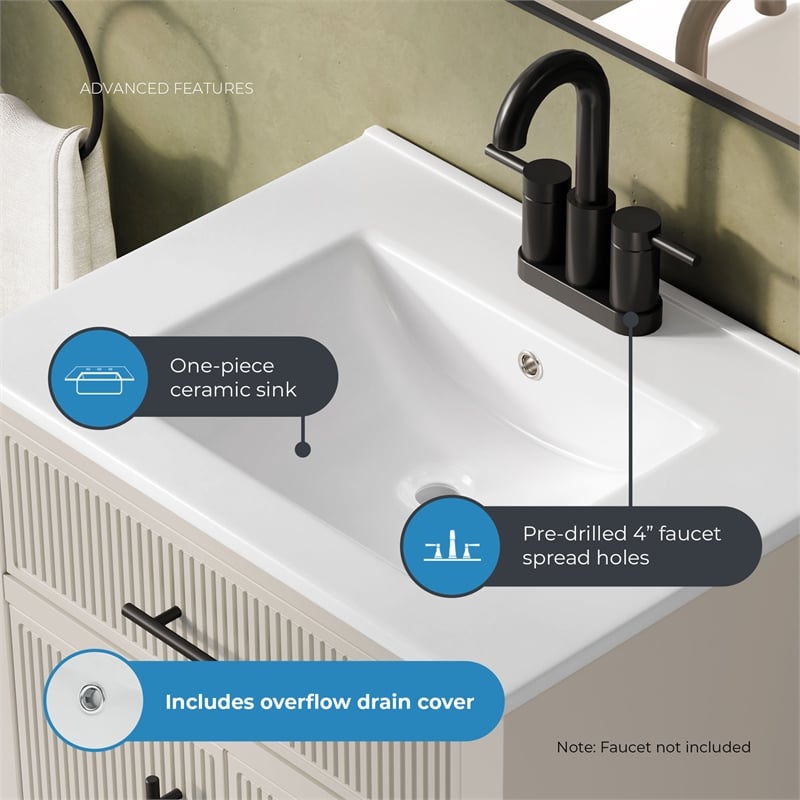 OVE Carissa 24 in. Creamy White Bathroom Vanity with White Ceramic Countertop