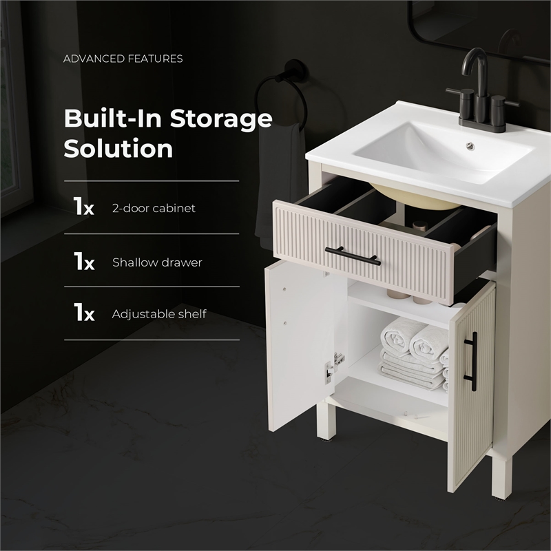 OVE Carissa 24 in. Creamy White Bathroom Vanity with White Ceramic Countertop