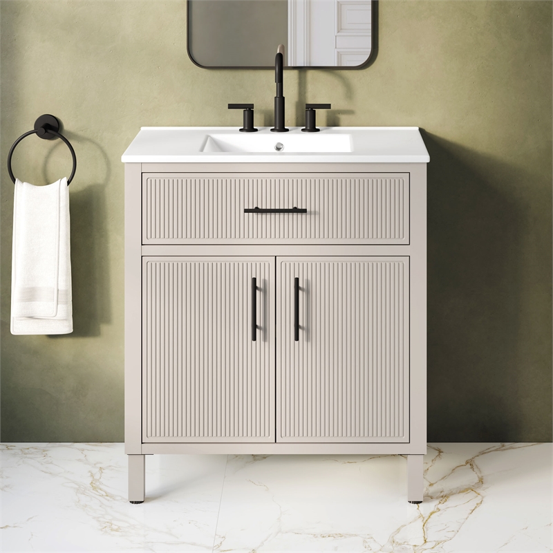OVE Carissa 30 in. Creamy White Bathroom Vanity with White Ceramic Countertop