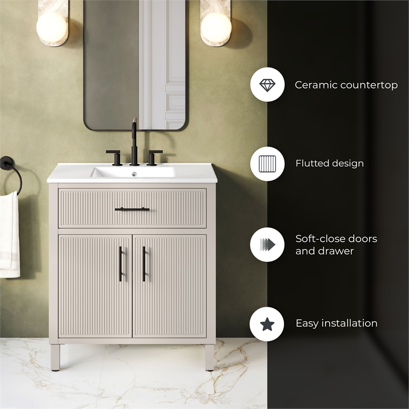 OVE Carissa 30 in. Creamy White Bathroom Vanity with White Ceramic Countertop