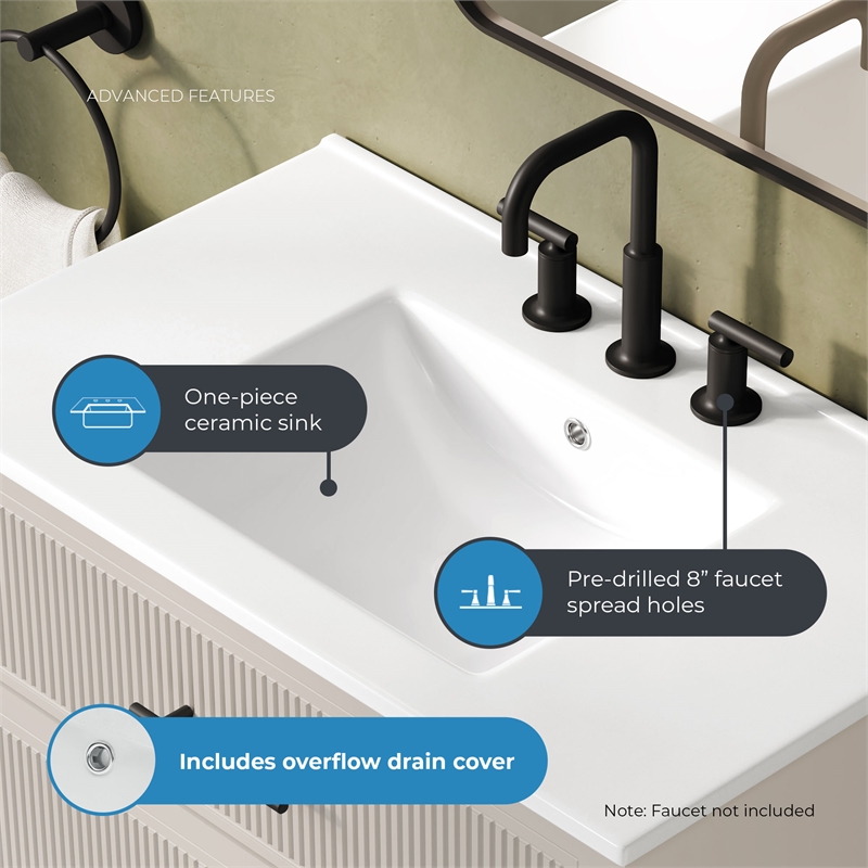 OVE Carissa 30 in. Creamy White Bathroom Vanity with White Ceramic Countertop