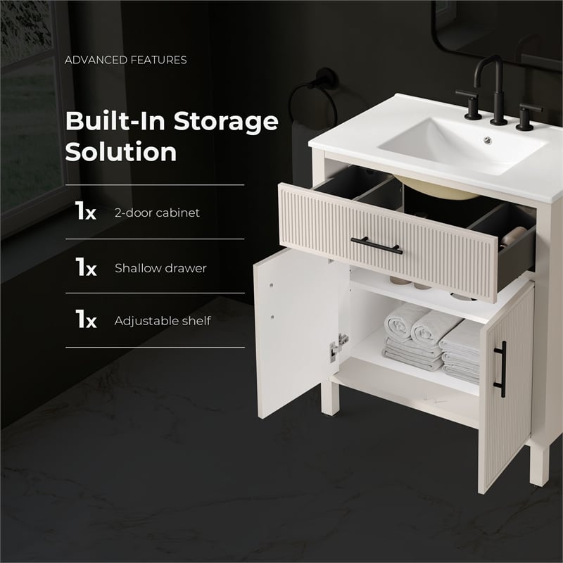 OVE Carissa 30 in. Creamy White Bathroom Vanity with White Ceramic Countertop
