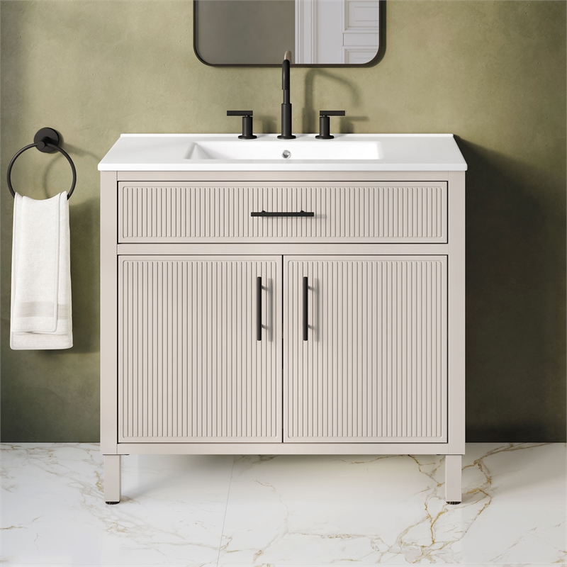 OVE Carissa 36 in. Creamy White Bathroom Vanity with White Ceramic Countertop