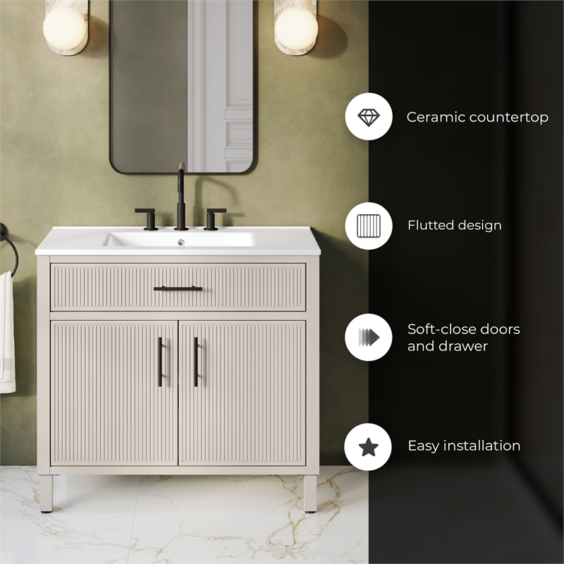 OVE Carissa 36 in. Creamy White Bathroom Vanity with White Ceramic Countertop