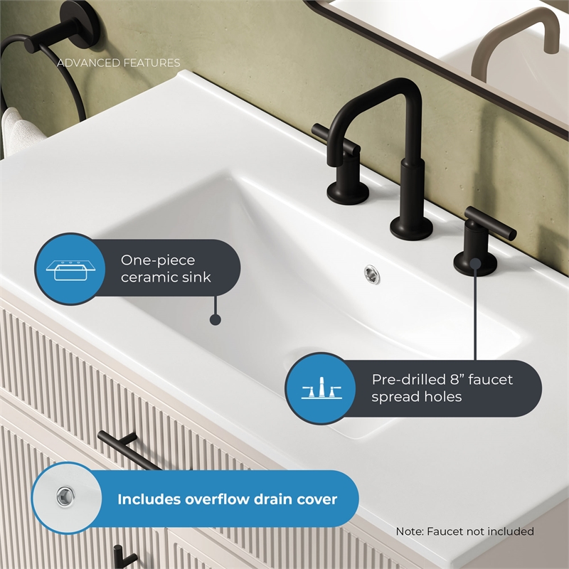 OVE Carissa 36 in. Creamy White Bathroom Vanity with White Ceramic Countertop