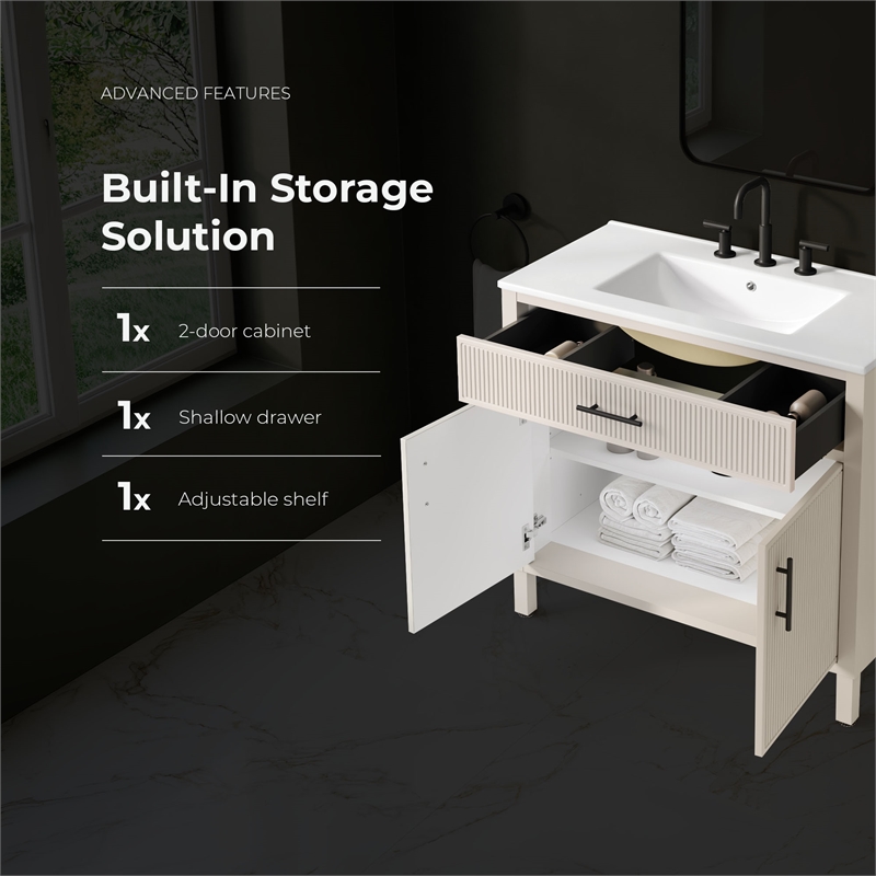 OVE Carissa 36 in. Creamy White Bathroom Vanity with White Ceramic Countertop