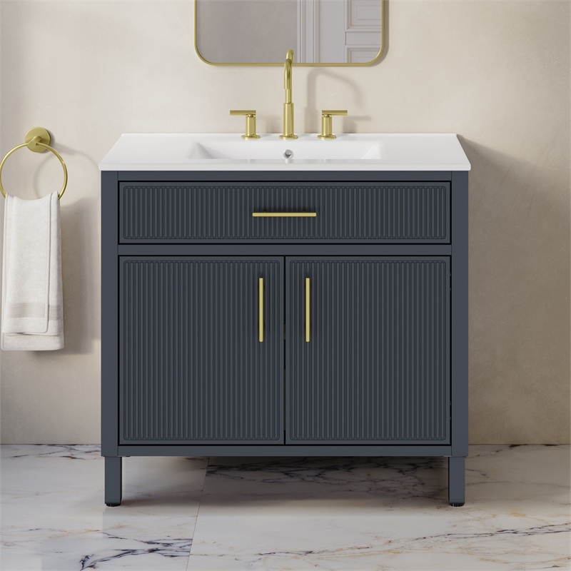 OVE Carissa 36 in. Indigo Blue Bathroom Vanity with White Ceramic Countertop