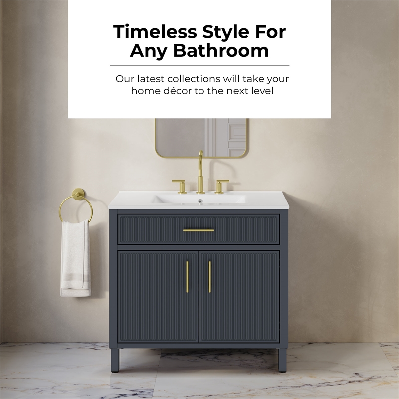 OVE Carissa 36 in. Indigo Blue Bathroom Vanity with White Ceramic Countertop