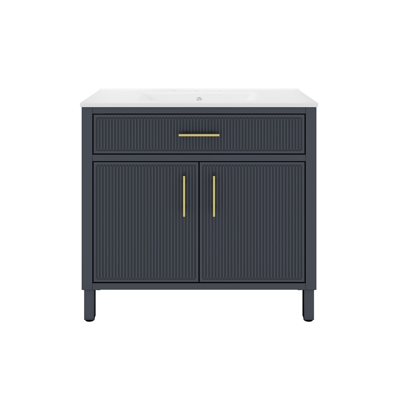 OVE Carissa 36 in. Indigo Blue Bathroom Vanity with White Ceramic Countertop